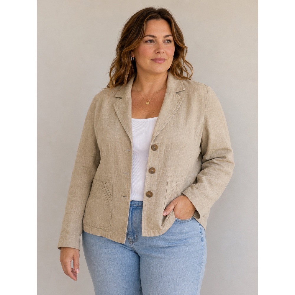 Merona‎ Womens Tan 100% Linen 3-Button Blazer Jacket Beige Sz 14 Pleated Pockets